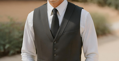 black mens waistcoat with black tie