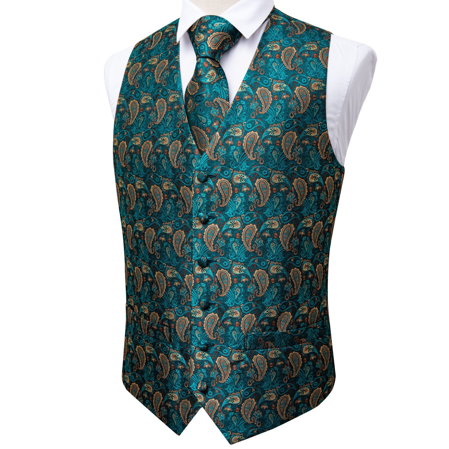 Men's Classic Teal Blue Paisley Jacquard Silk Vest Necktie Pocket squa ...