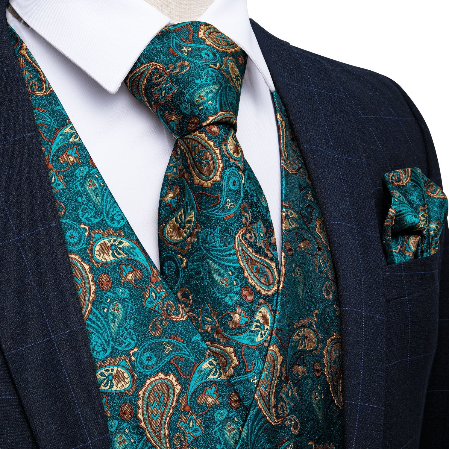 Classic Teal Blue Paisley Jacquard Silk Waistcoat Vest Necktie