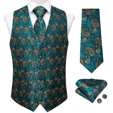 Men's Classic Teal Blue Paisley Jacquard Silk Vest Necktie Pocket squa ...