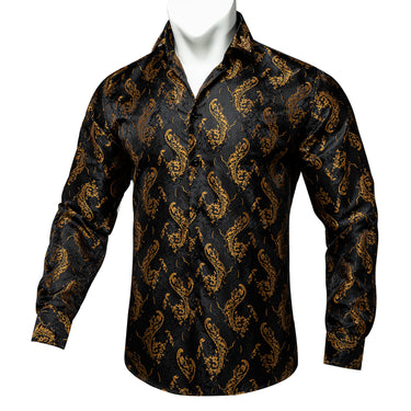 Dibangu Black Golden Paisley Men's Shirt with Collar pin – DiBanGuStore