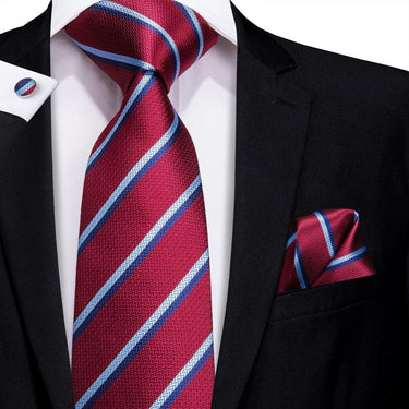 Wine Red Blue Striped Men's Tie Pocket Square Cufflinks Set – DiBanGuStore