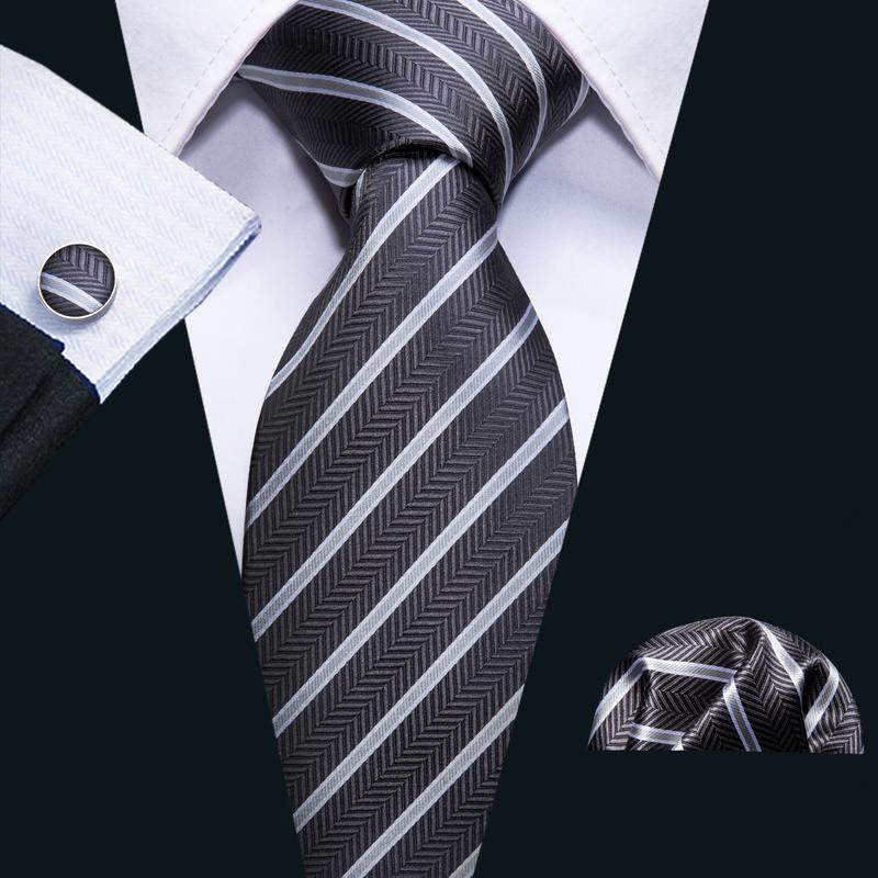 Brown White Striped Men's Tie Pocket Square Cufflinks Set – DiBanGuStore