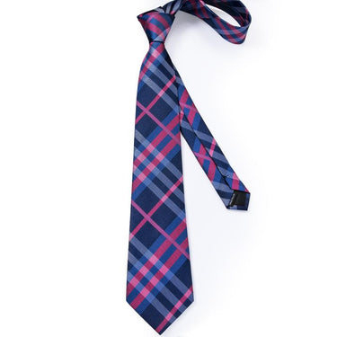 Blue Pink Plaid Men's Tie Handkerchief Cufflinks Clip Set – DiBanGuStore