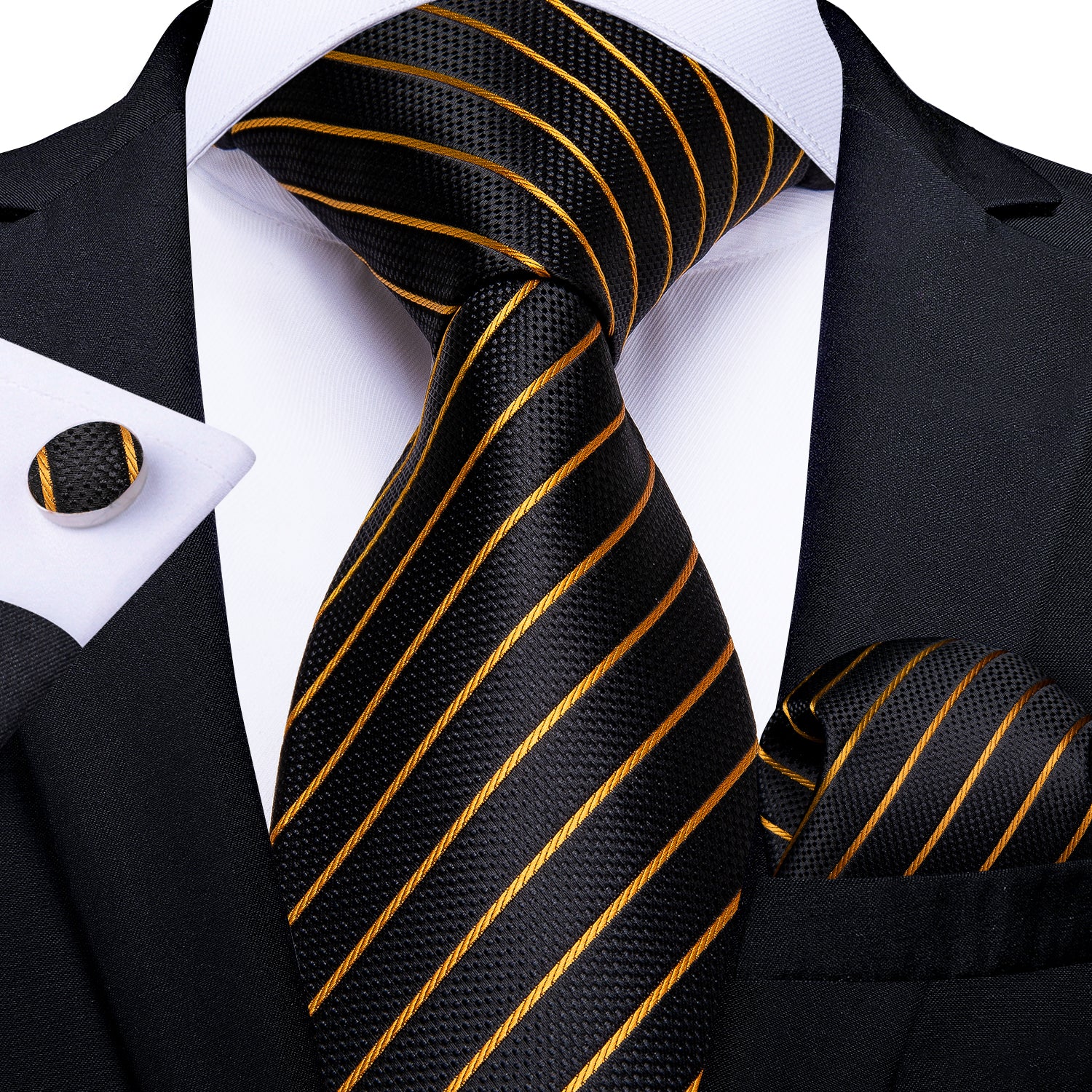Black Yellow Striped Men's Tie Handkerchief Cufflinks Set – DiBanGuStore