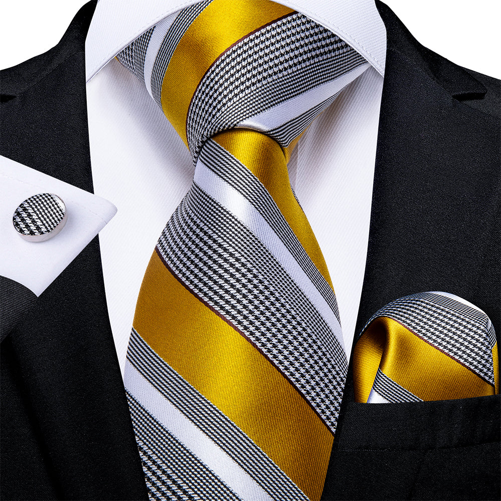 New Black White Yellow Stripe Tie Pocket Square Cufflinks Set ...