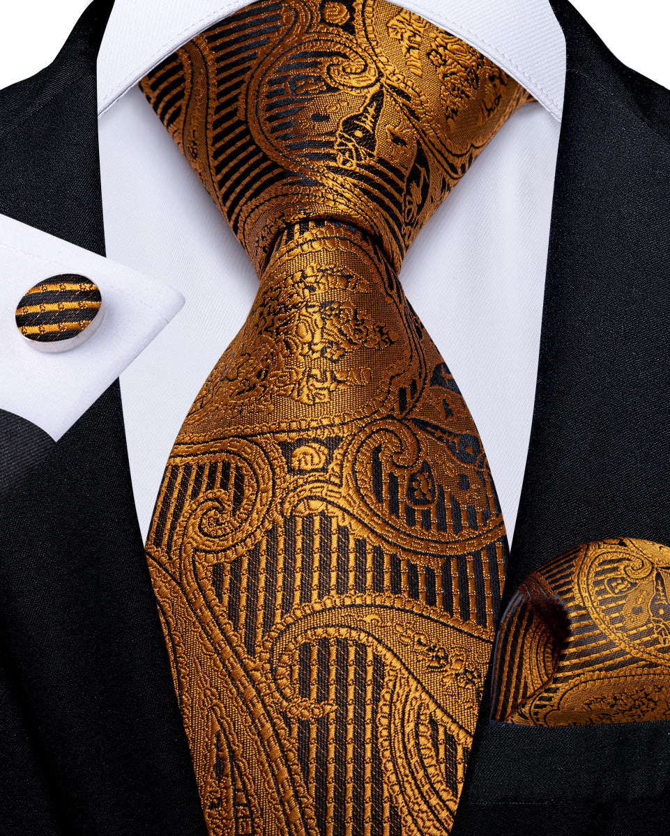 Gold Brown Paisley Men's Tie Handkerchief Cufflinks Set – DiBanGuStore