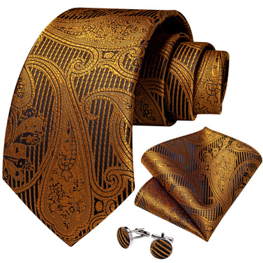 Gold Brown Paisley Men's Tie Handkerchief Cufflinks Set – DiBanGuStore