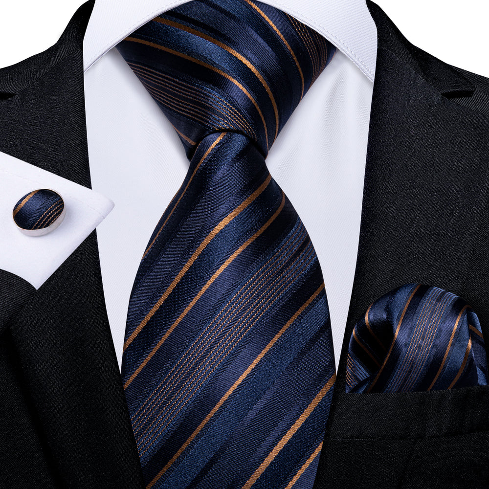 Navy-Blue Golden Striped Men's Tie Handkerchief Cufflinks Clip Set ...