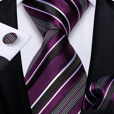 Purple Black White Striped Men's Tie Handkerchief Cufflinks Set ...