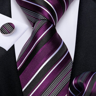 Purple Black White Striped Men's Tie Handkerchief Cufflinks Set ...