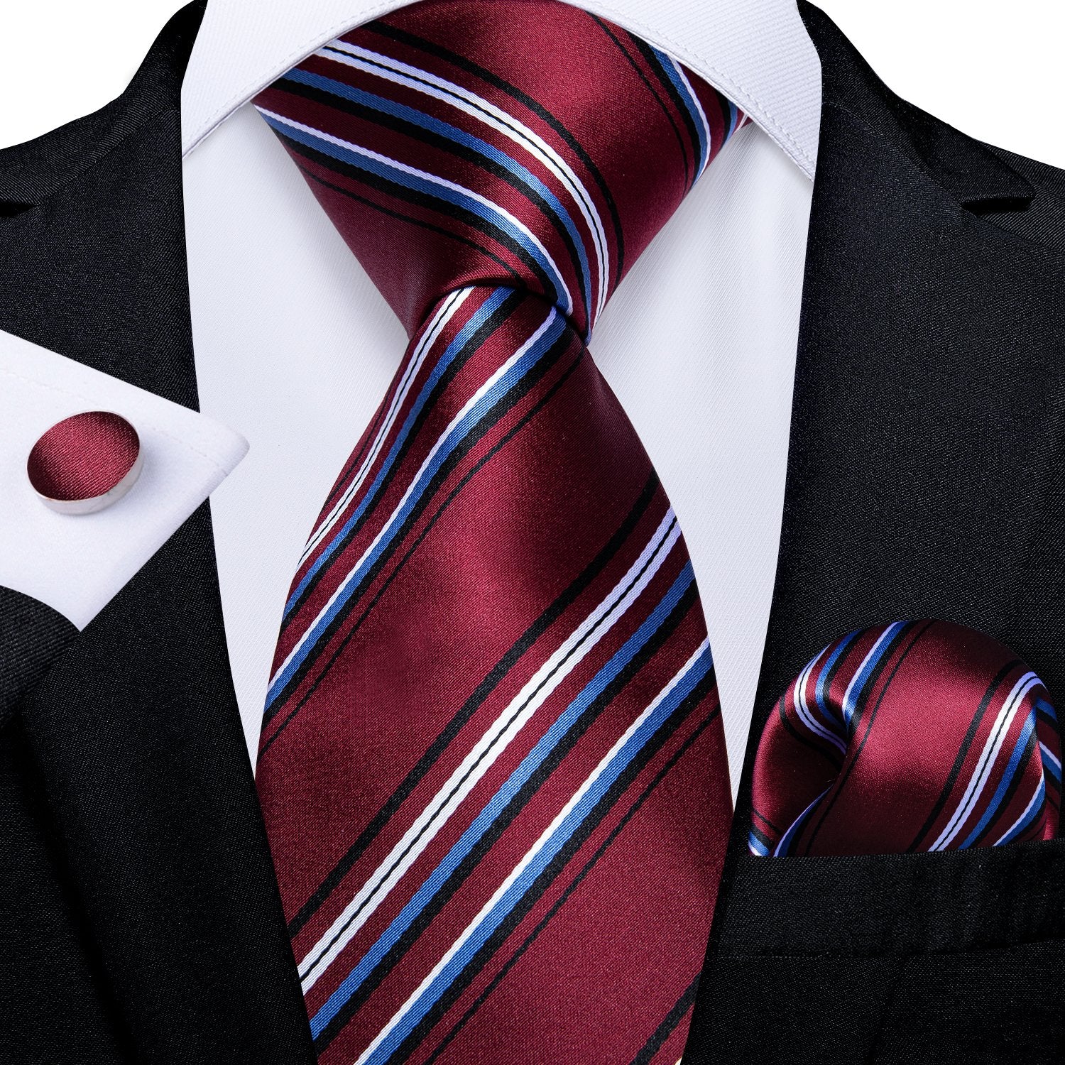 New Red Blue Striped Men's Tie Handkerchief Cufflinks Clip Set ...