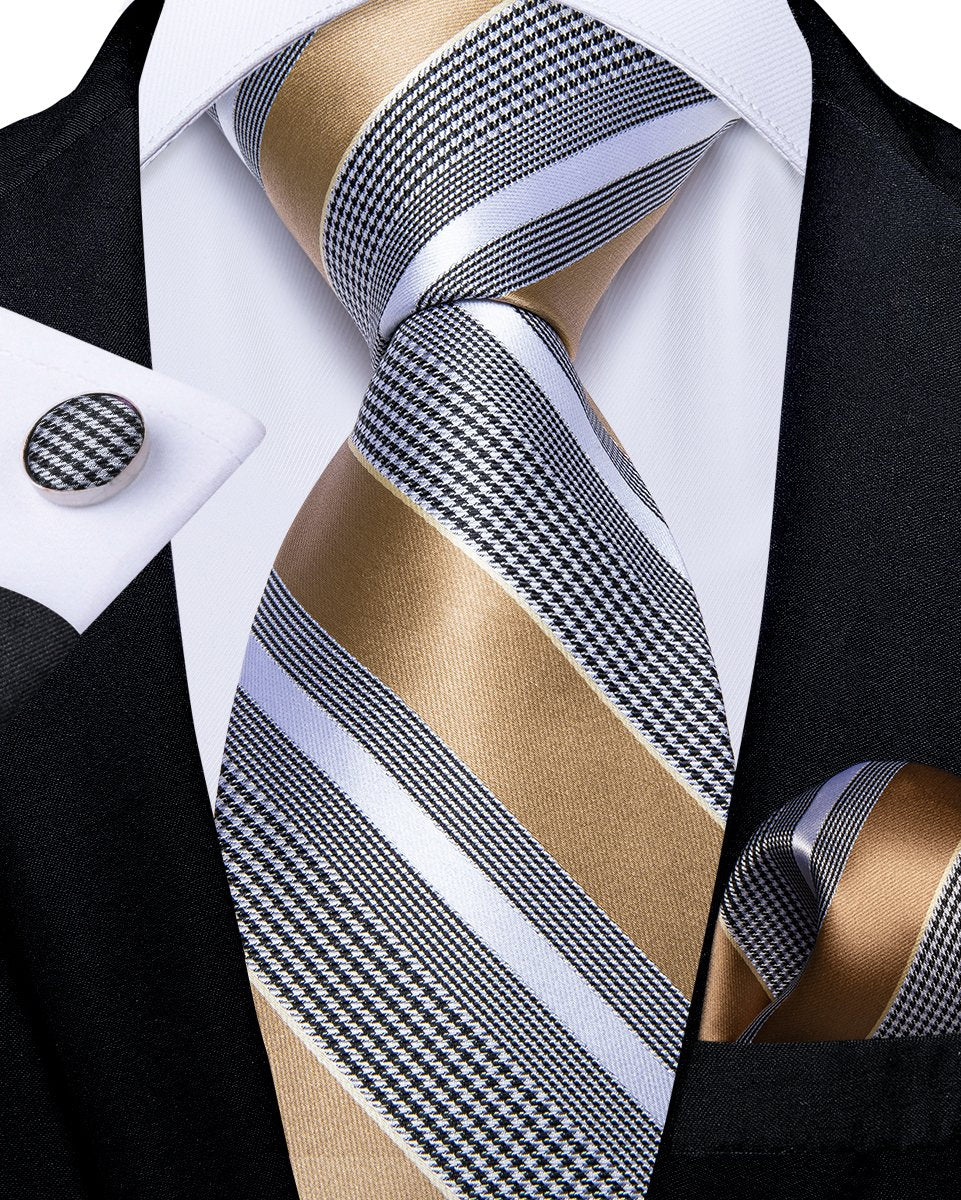 Brown Grey Striped Men's Tie Handkerchief Cufflinks Clip Set – DiBanGuStore