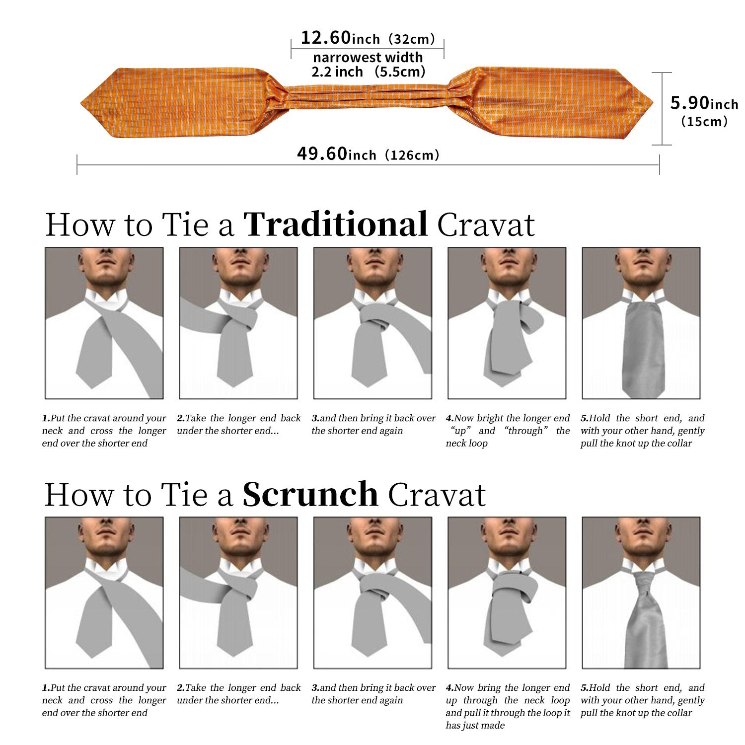 Orange Plaid Silk Cravat Woven Ascot Tie Pocket Square Handkerchief Su ...