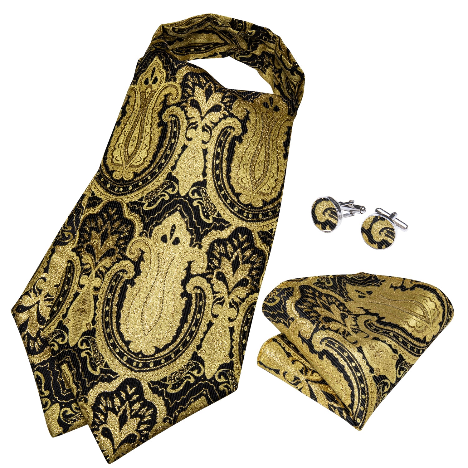 Golden Black Floral Silk Cravat Woven Ascot Tie Pocket Square Cufflink ...
