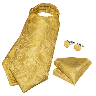 Golden Paisley Silk Cravat Woven Ascot Tie Pocket Square Cufflinks Wit ...