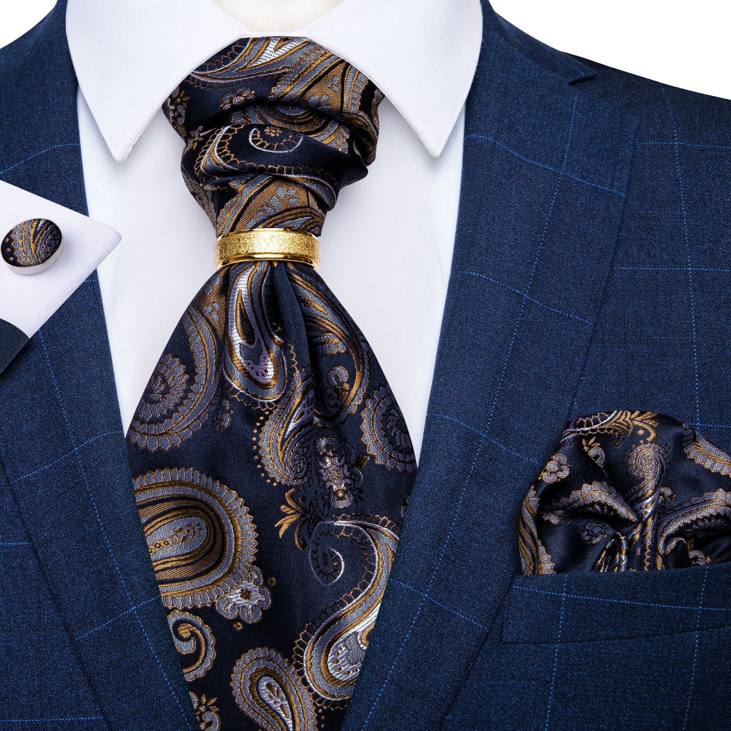 New Black Brown Paisley Silk Cravat Woven Ascot Tie Pocket Square Cuff ...