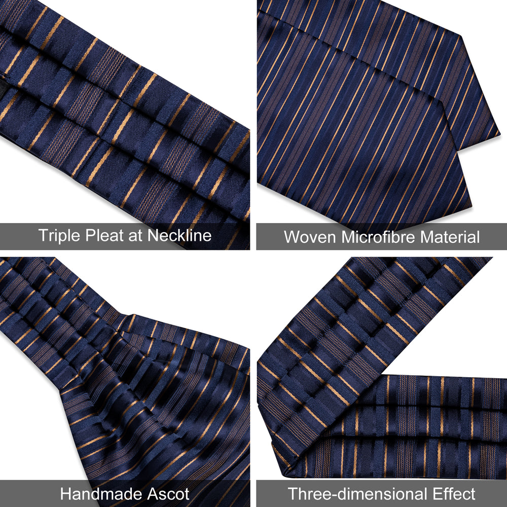 
                
                    Load image into Gallery viewer, New Novelty Blue Brown Striped Silk Cravat Woven Ascot Tie Pocket Square Handkerchief Suit Set With Lapel Pin Brooch Set
                
            