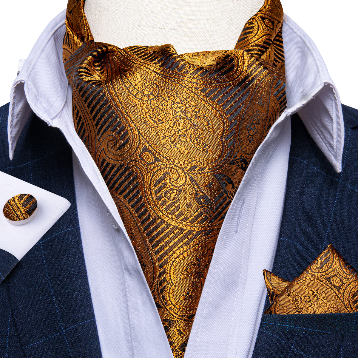 Gold Paisley Silk Cravat Woven Ascot Tie Pocket Square Handkerchief Su ...