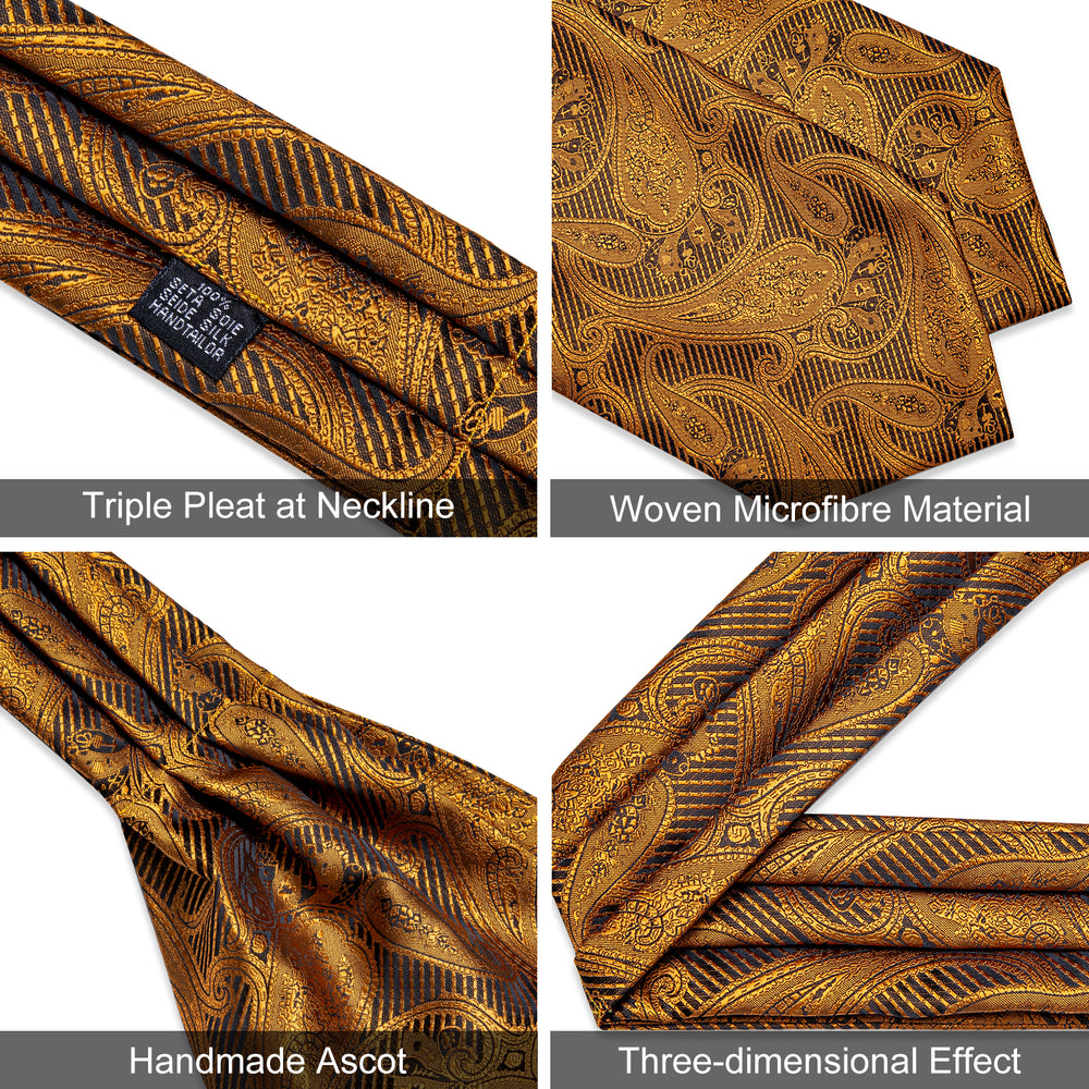 Gold Paisley Silk Cravat Woven Ascot Tie Pocket Square Handkerchief Su ...