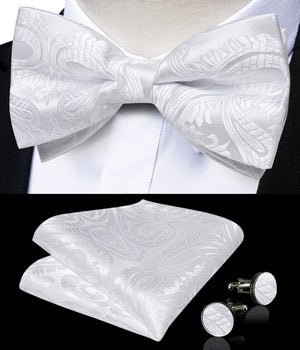 
                
                    Load image into Gallery viewer, White Floral Silk Bowtie Pocket Square Cufflinks Set
                
            
