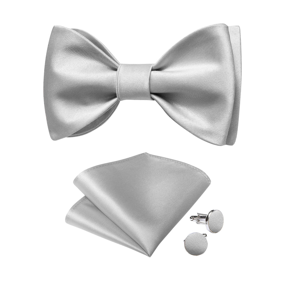 
                
                    Load image into Gallery viewer, Silver Grey Solid Silk Bowtie Pocket Square Cufflinks Set
                
            