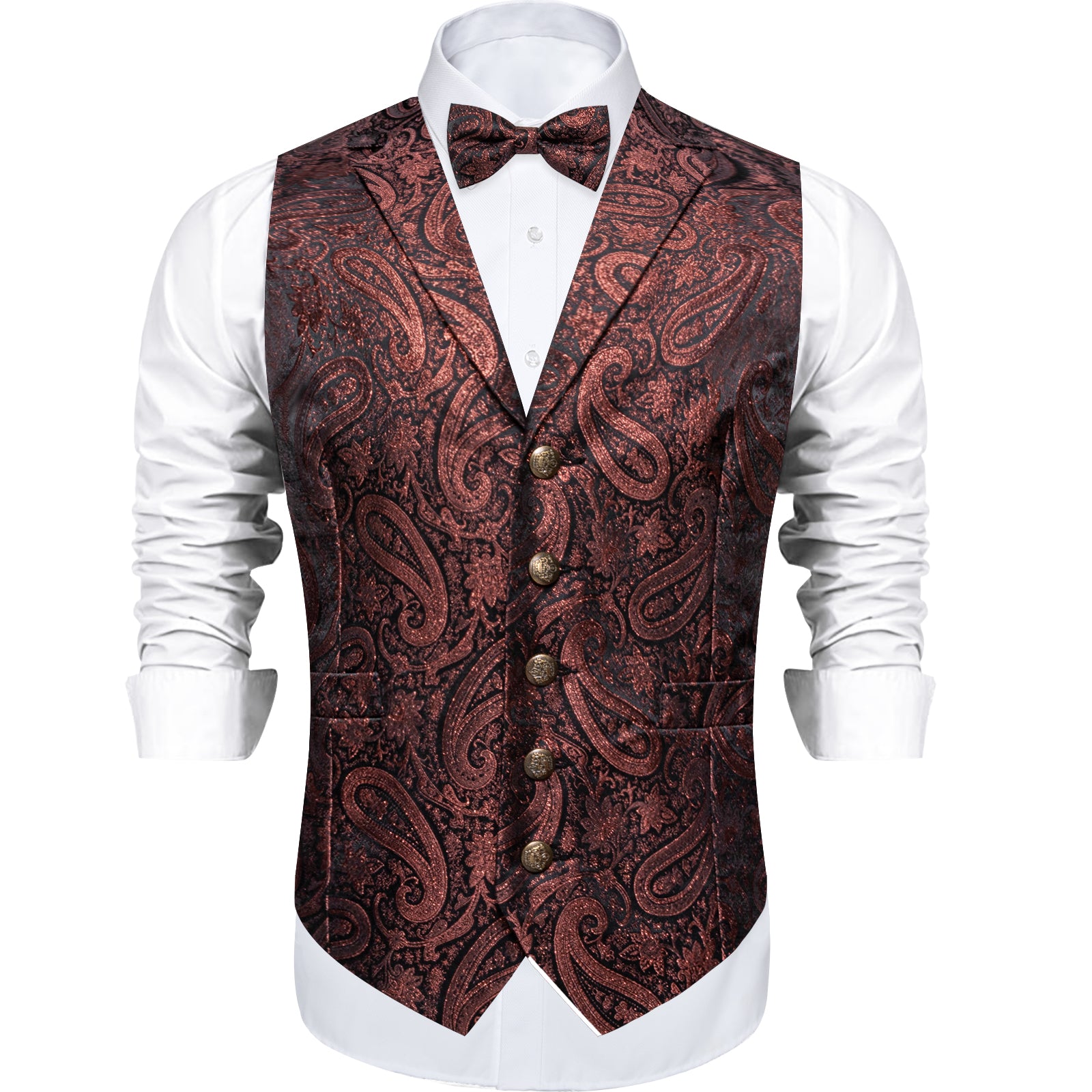 Claret Paisley Jacquard Waistcoat Vest BowTie Handkerchief Cufflinks S ...