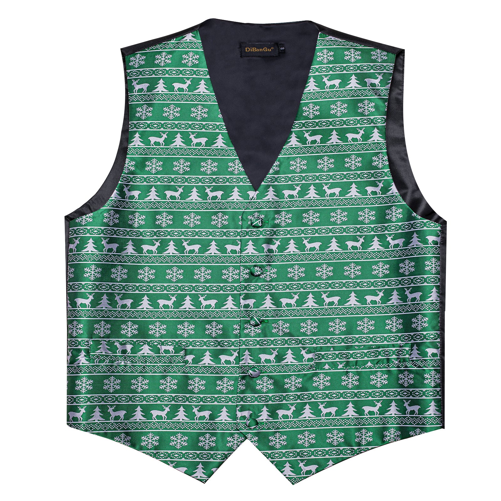 Christmas Green Elk Tree Jacquard Silk Waistcoat Vest Handkerchief Cufflinks Tie Vest Suit Set