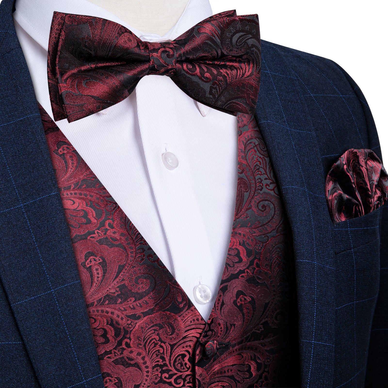 Claret Floral Jacquard Silk Waistcoat Vest Bowtie Handkerchief Set ...