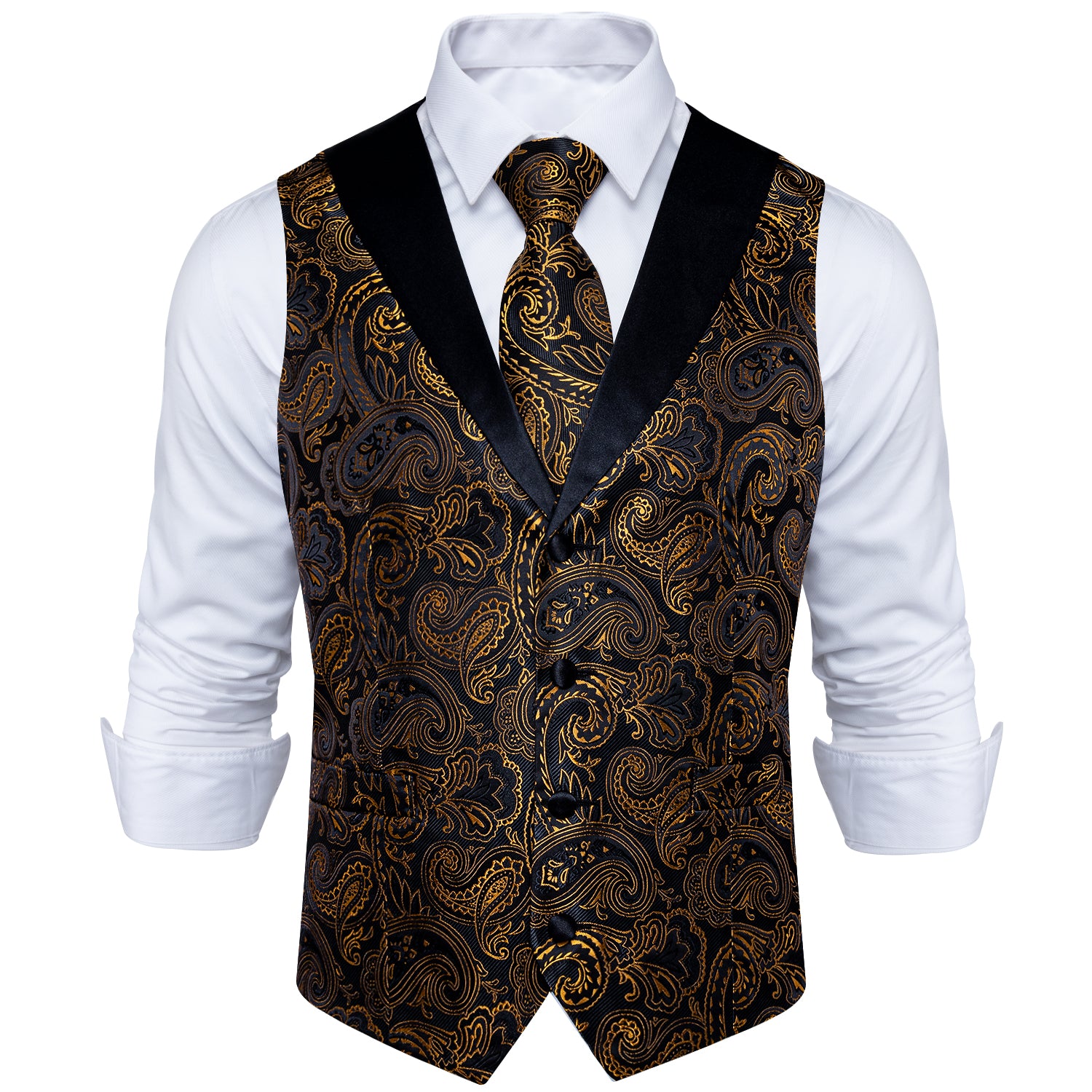 Black Gold Paisley Jacquard V Neck Waistcoat Vest Tie Handkerchief Cuf ...