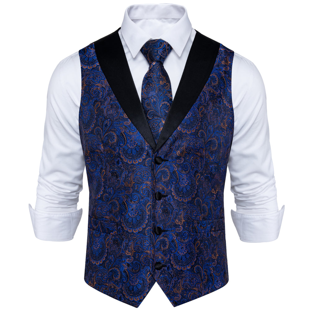 Blue Paisley Jacquard Silk V Neck Vest Necktie Pocket square Cufflinks ...