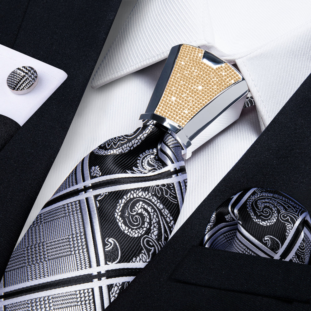 
                
                    Load image into Gallery viewer, 4PCS Black Silver Floral Men&amp;#39;s Tie Handkerchief Cufflinks Accessory Set
                
            