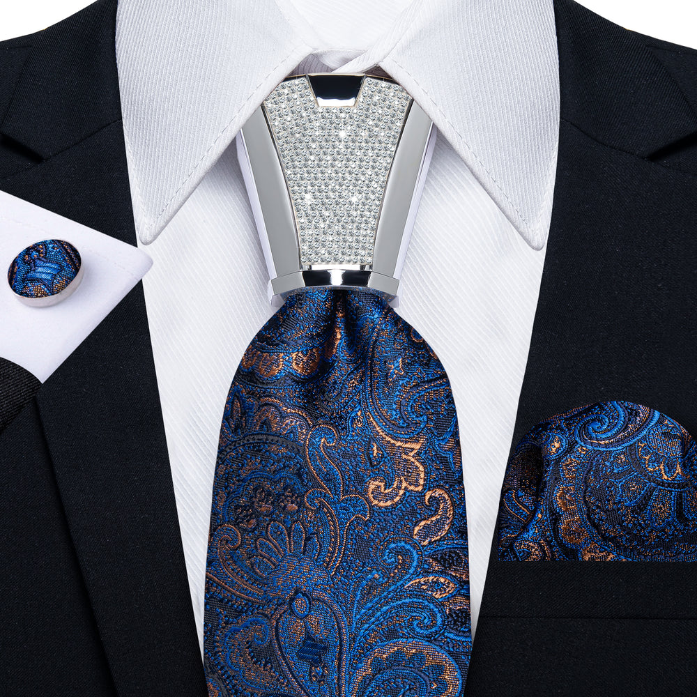 
                
                    Load image into Gallery viewer, 4PCS Blue Gold Floral Silk Men&amp;#39;s Tie Handkerchief Cufflinks Accessory Set
                
            