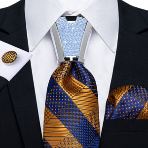 
                
                    Load image into Gallery viewer, 4PCS Blue Yellow Stripe Silk Men&amp;#39;s Tie Handkerchief Cufflinks Accessory Set
                
            