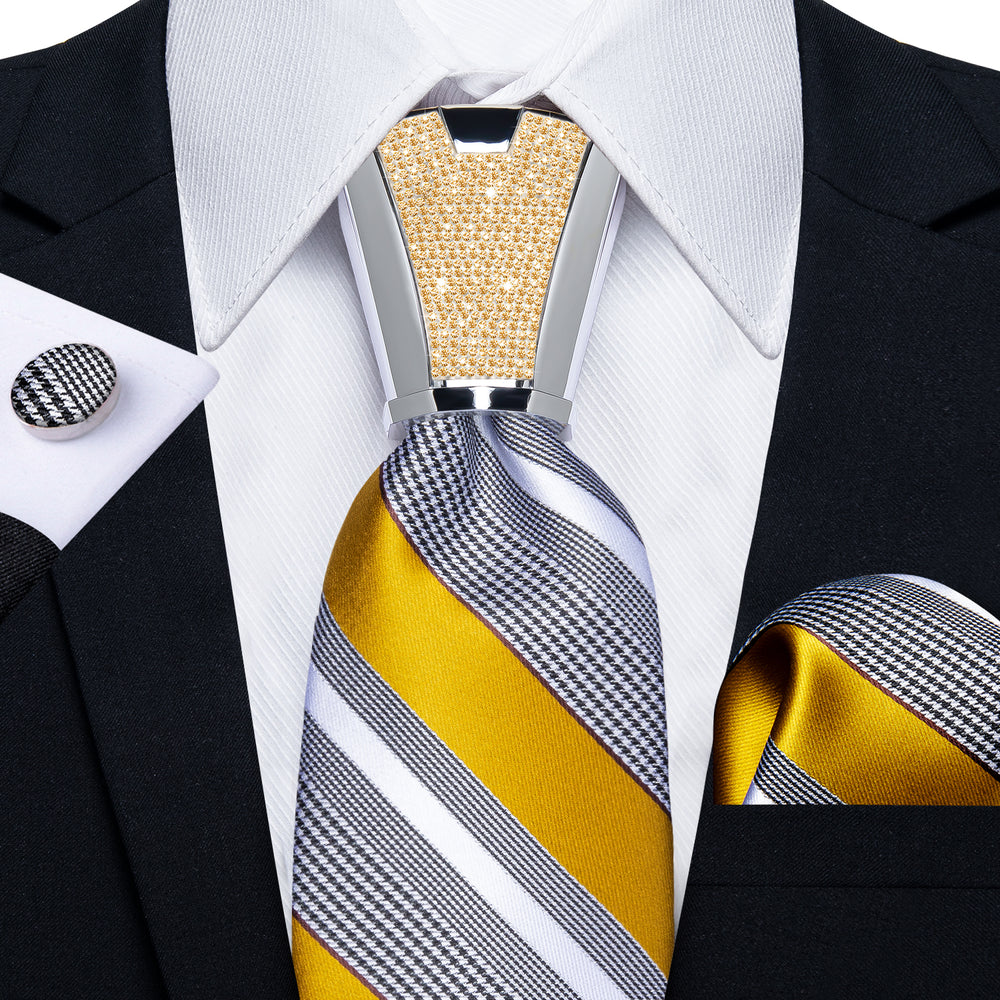 4PCS Grey Yellow Stripe Silk Men's Tie Handkerchief Cufflinks Accessor ...
