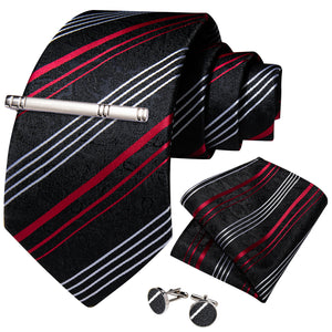 
                
                    Load image into Gallery viewer, Black Red White Stripe Men&amp;#39;s Tie Handkerchief Cufflinks Clip Set
                
            