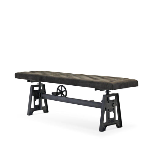 Industrial Dining Bench Seat - Cast Iron Base - Adjustable Charcoal Gray Velvet Top Bench Rustic Deco