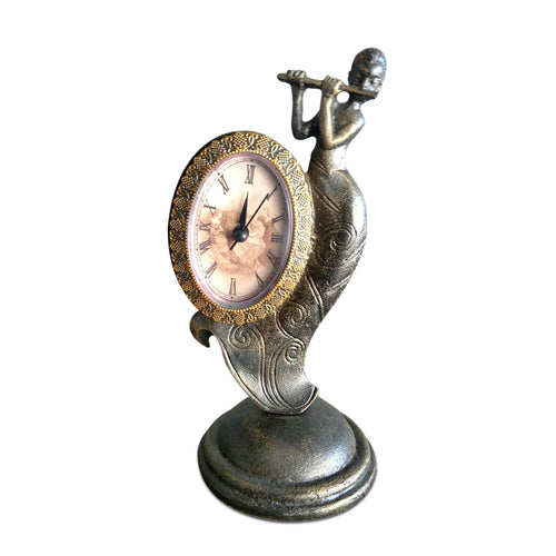 Art Deco Flute Playing Lady Table Clock Metal Figurine Sculpture - Cast Iron-Rustic Deco Incorporated