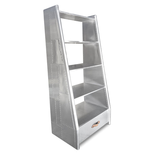 Aviation Polished Aluminum Bookcase With Drawer - WWII Fighter Wing - Rustic Deco Incorporated