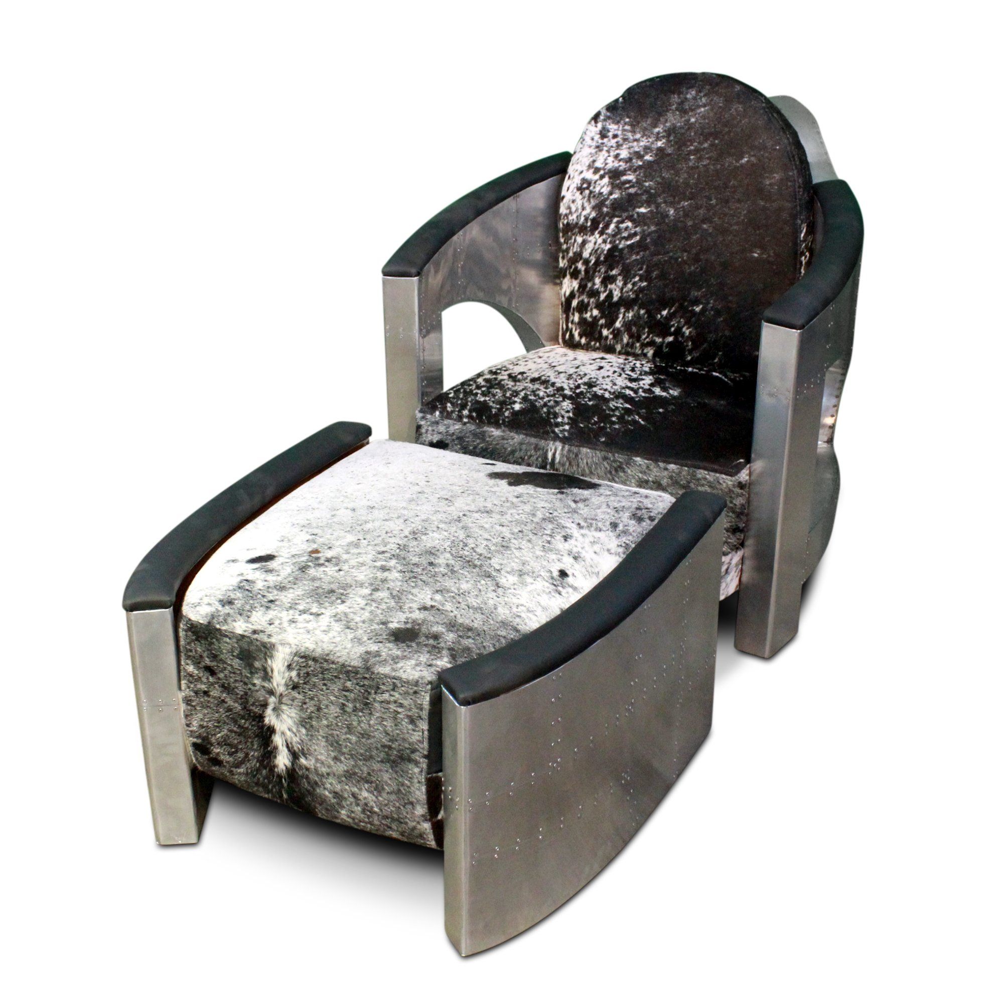 Aviator Chair And Ottoman Custom Cowhide Polished Aluminum Armchai