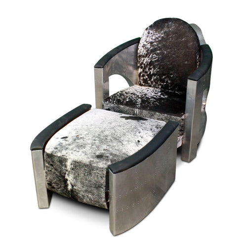 Aviator Chair and Ottoman - Custom Cowhide - Polished Aluminum Armchair-Rustic Deco Incorporated