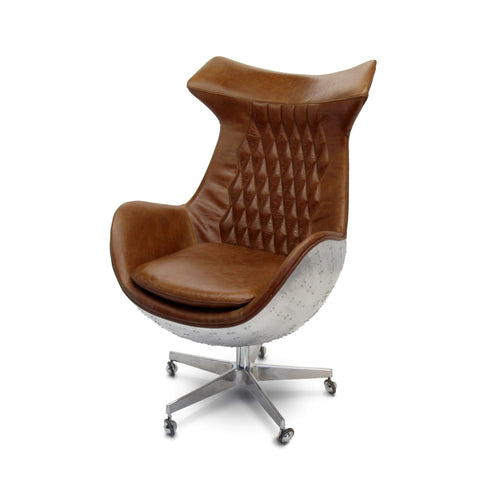Aviator Egg Variant Office Chair - Headrest - Casters - Brown Leather - MCM - Rustic Deco Incorporated