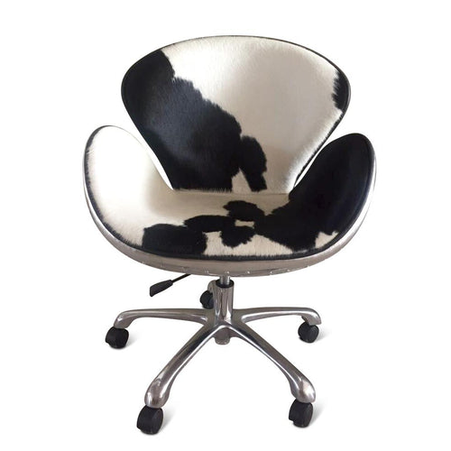 Aviator Office Swan Chair - Casters - Polished Aluminium - Genuine Cowhide-Rustic Deco Incorporated