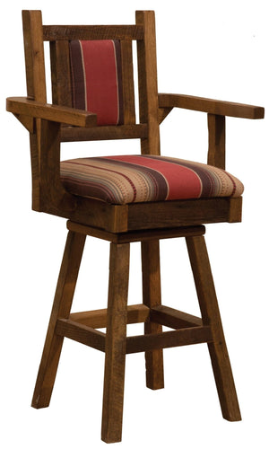 Barnwood Swivel Upholstered Bar Stool with Back and Arms - 30" Seat Height - Rustic Deco Incorporated