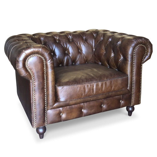 Brown Tufted Genuine Leather Leisure Cigar Chair Distressed Sofa Rustic Deco 