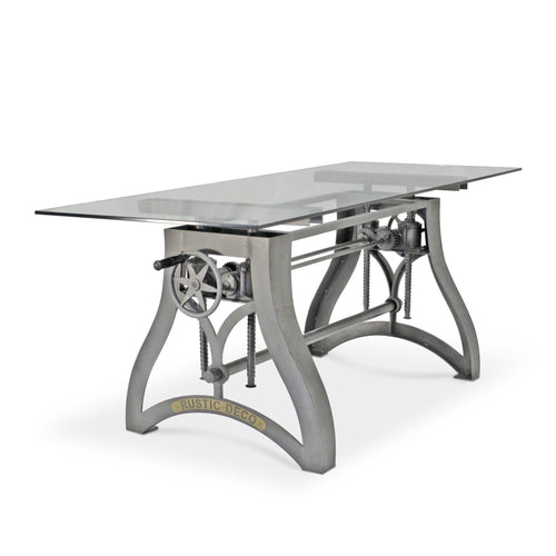 Crescent Writing Table Desk - Adjustable Height Metal Base - Glass Top - Rustic Deco Incorporated