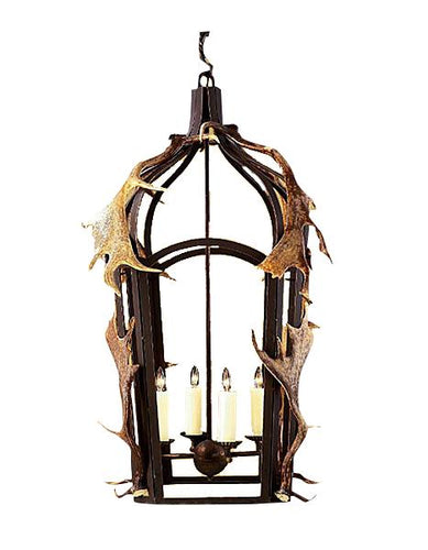 Custom Hand Forged Iron Band Lantern w/ Real Antlers - Lodge or Cabin-Rustic Deco Incorporated