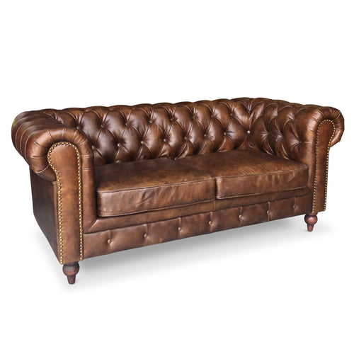 Distressed Brown Tufted Leather 2 Seater Sofa 67" Sofa Rustic Deco 