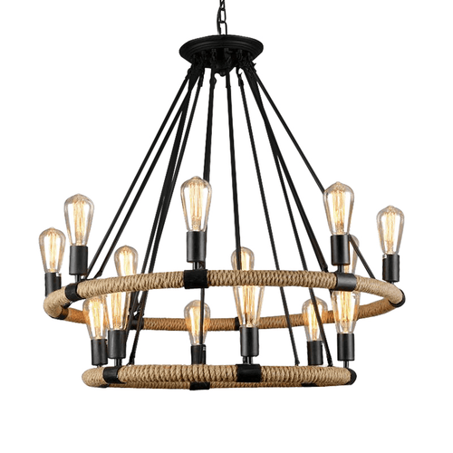 Hemp Rope and Black Iron Industrial Chandelier - 33" Wide - 14 Lights - Rustic Deco Incorporated