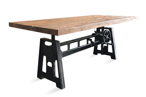 Adjustable Crank Dining Table - Iron Base - Distressed Hardwood Top-Rustic Deco Incorporated